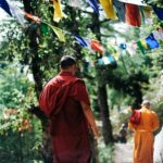 Buddhist monks walking under vibrant prayer flags in a serene forest in Nepal.